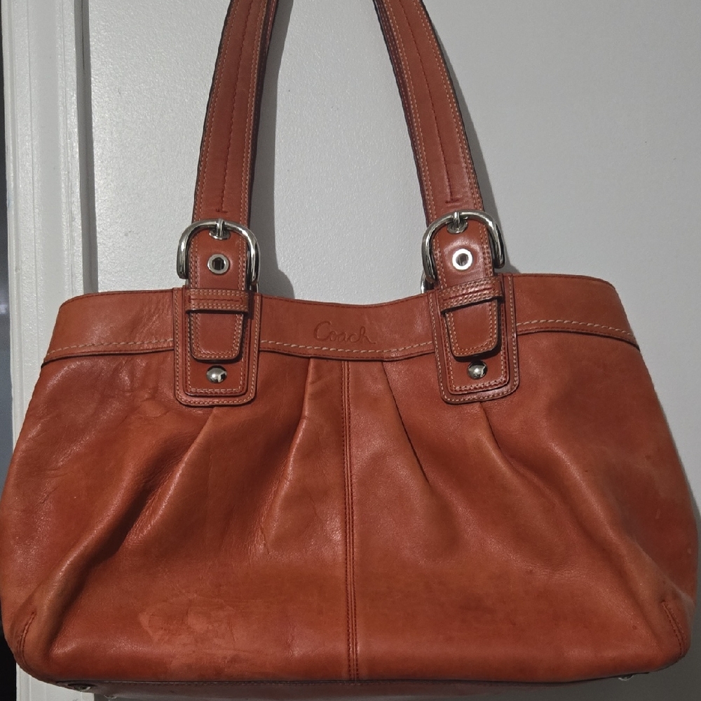 Coach Tan Leather Shoulder Bag with Pleated Design